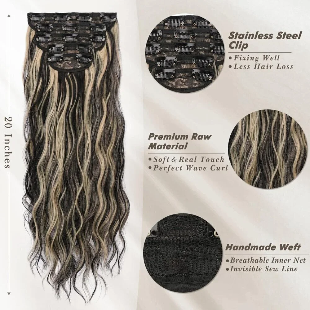 Clip in Hair Extensions - 20 Inch Highlight Wavy Clip in Hair Extensions for Wom